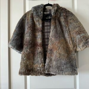 y2k -Faux Fur Jacket Shrug with hoodie - Gray/ Tan